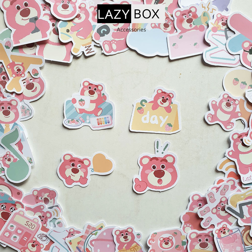 Sticker hình dán Gấu dâu lotso tông màu pastel dễ thương cute, pastel trang trí mũ bảo hiểm, dán Laptop, journal, sổ tay