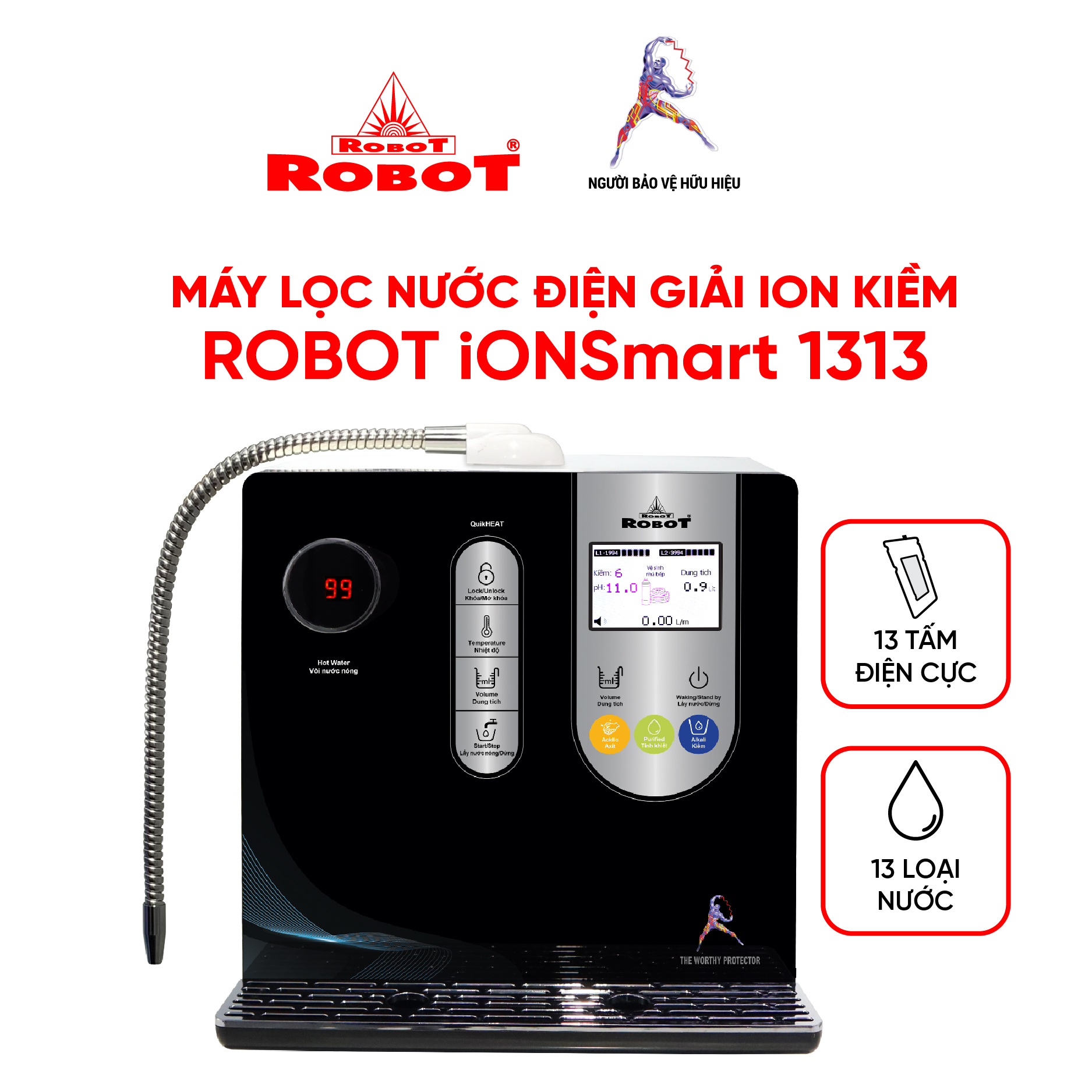 Máy Lọc Nước Điện Giải Ion Kiềm Robot IonSmart 1313 Chức Năng Nóng Thông Minh Để Bàn Treo Tường - Hàng Chính Hãng