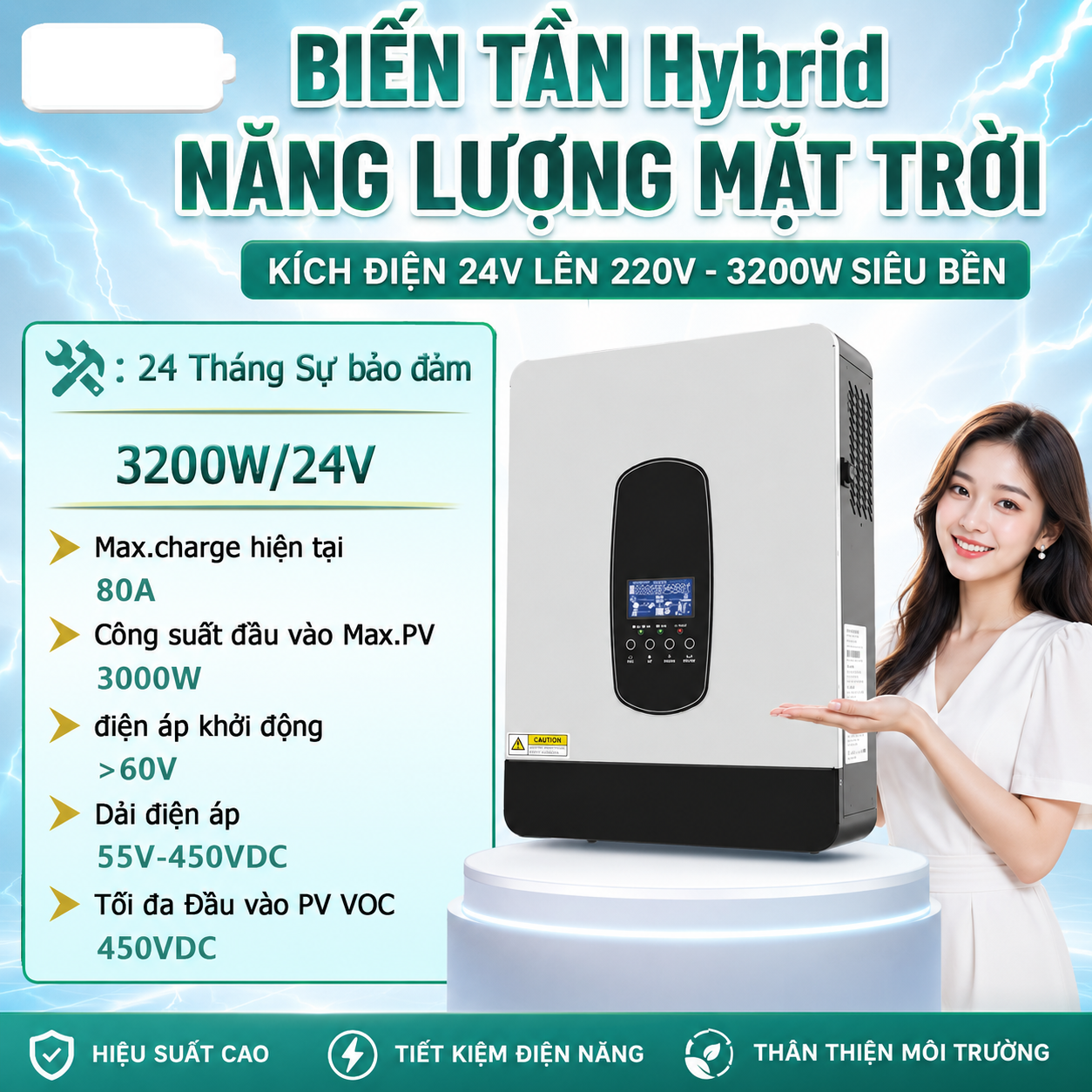 Inverter Hybrid 3200W DC24V AC230V Sóng Sin Tinh Khiết Hỗ Trợ Bù Lưới Sạc 80A