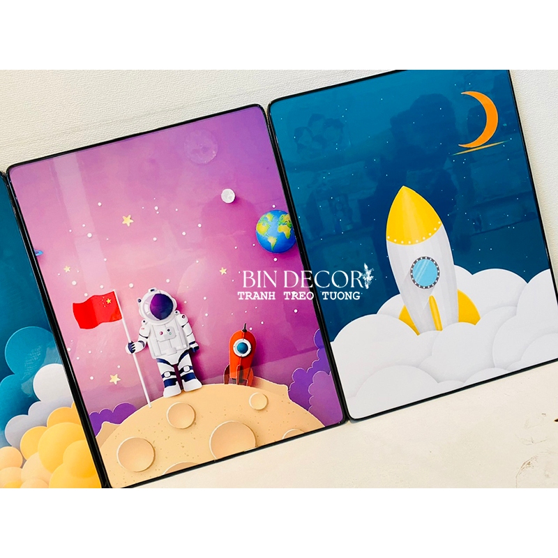 (ẢNH THẬT) Tranh treo tường phi hành gia bộ 3 tấm trang trí decor phòng bé trai