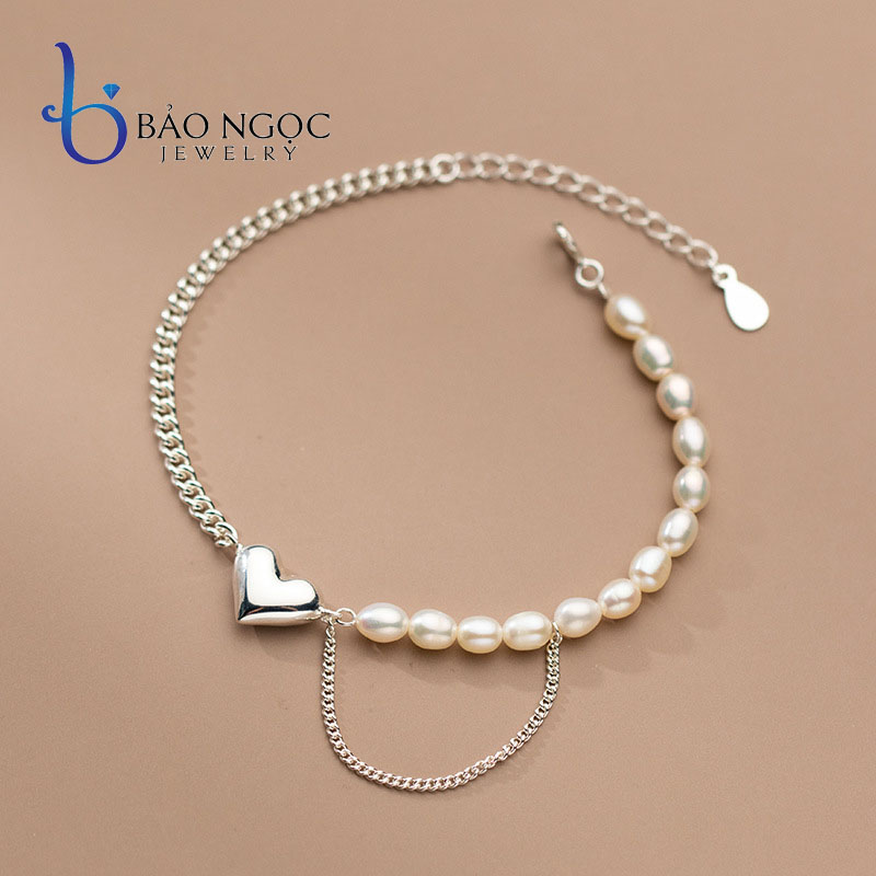Lắc Tay Bạc Nữ Charm Trái Tim, Lắc Tay Ngọc Trai Nữ 4 Ly Trẻ Trung, Vòng Tay Ngọc Trai Mix Charm Trái Tim Siêu Xinh - LT2817 - Bảo Ngọc Jewelry