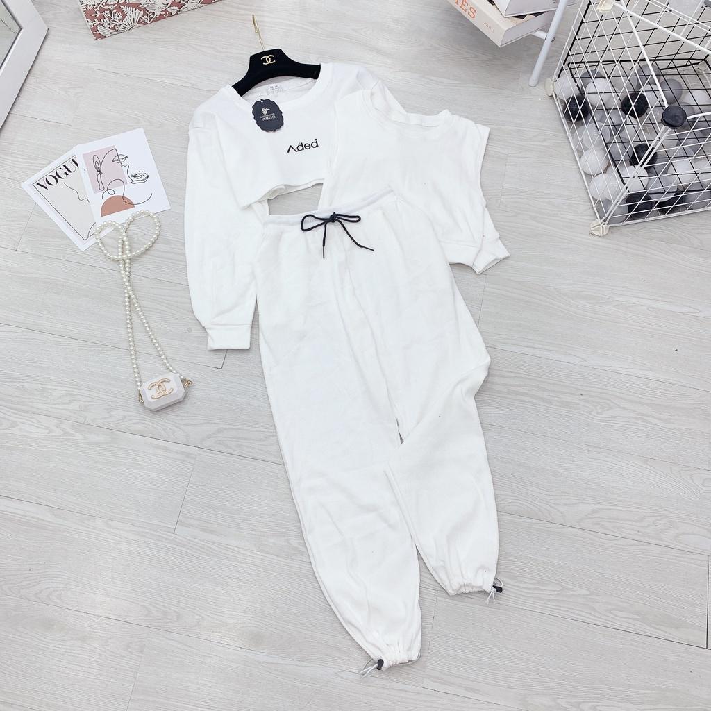 Set đồ đi biển,Sét 3 món áo croptop dài tay phồng kèm 3 lỗ phối quần bom trắng phong cách hiện đại thời trang nữ