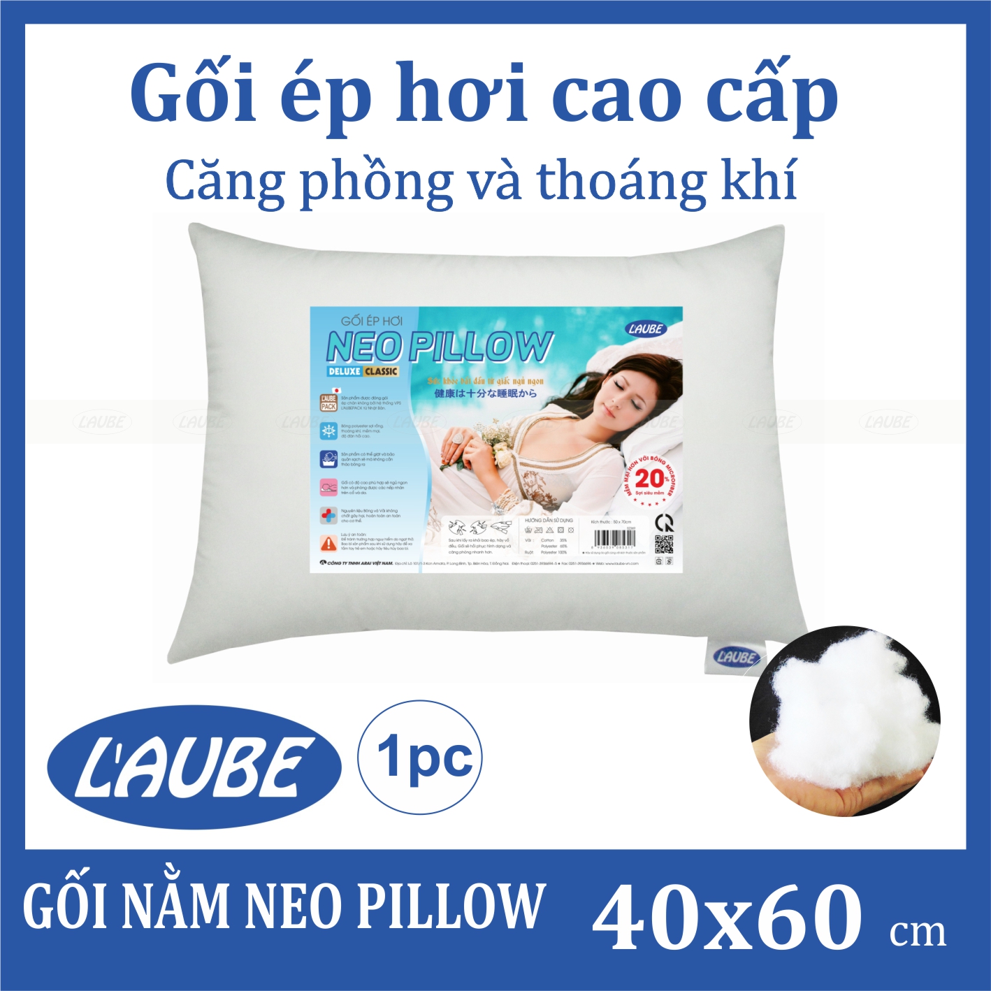 Gối ép hơi Neo pillow 40x60cm hiệu laube home