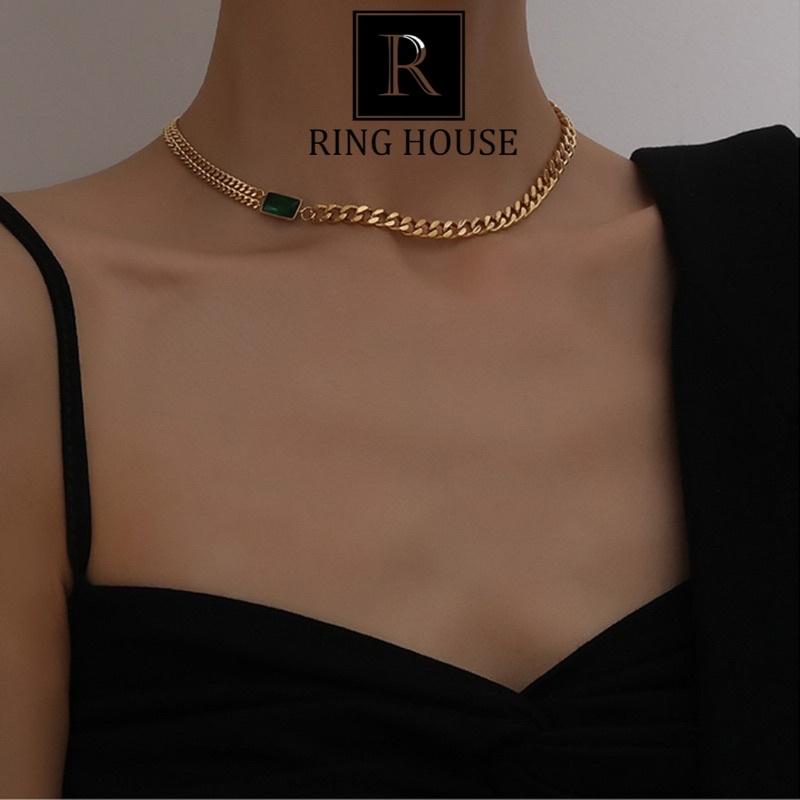 Dây Chuyền Vòng Cổ Nữ Titan Không Gỉ Đá Xanh Sang Trọng Ring House Mệnh Mộc