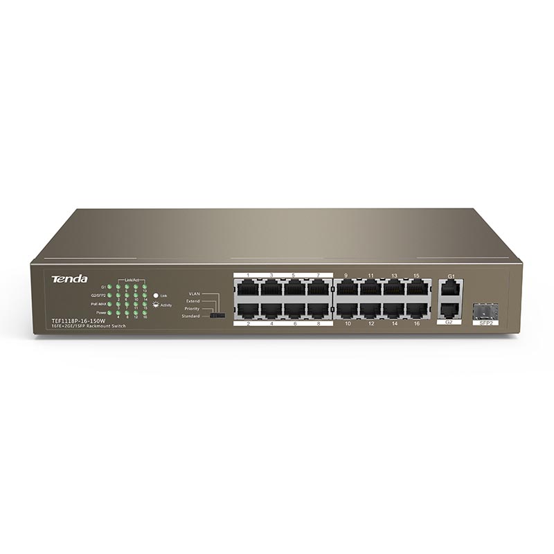 Bộ chia mạng switch 16 cổng PoE và 1 port 10/100/1000Mbps TEF1118-16-150W Tenda hàng chính hãng