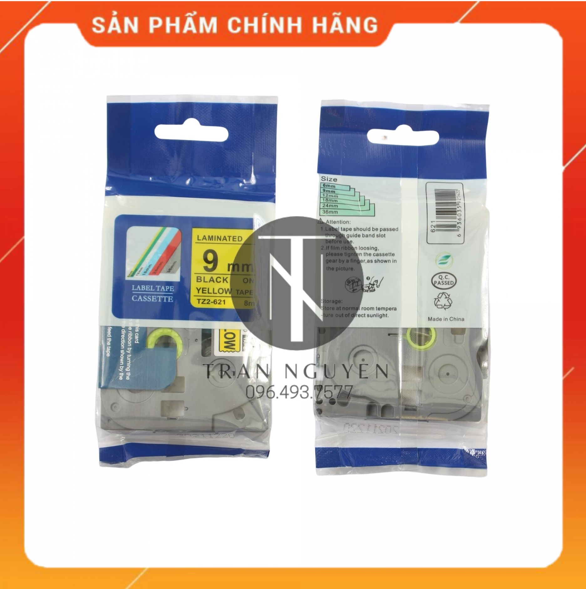 [Combo 3 hộp] Nhãn In đa lớp Tz2-621 - Đen nền vàng 9mm x 8m - Hàng nhập khẩu