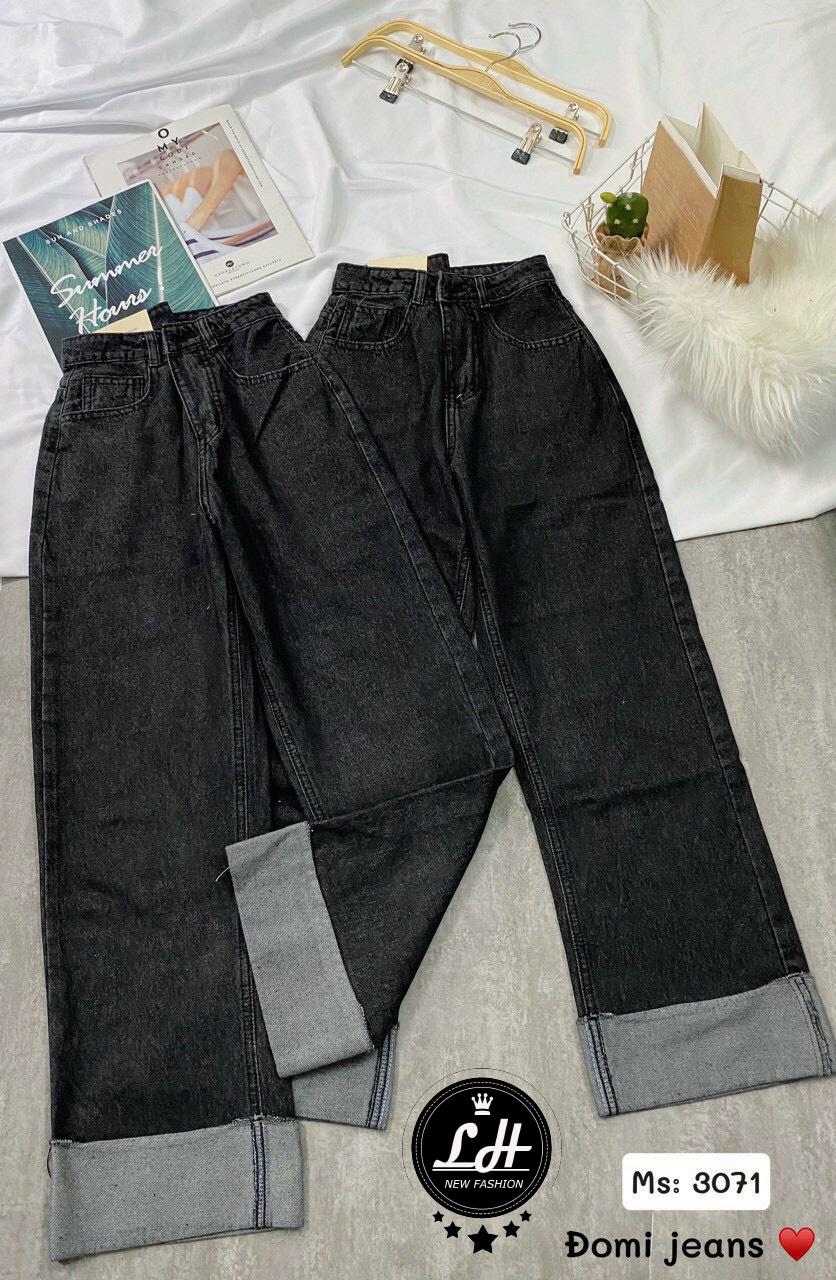 Quần bò ống rộng nữ lưng cao Ulzzang LH màu xám đen kiểu xắn gấu MS 3071