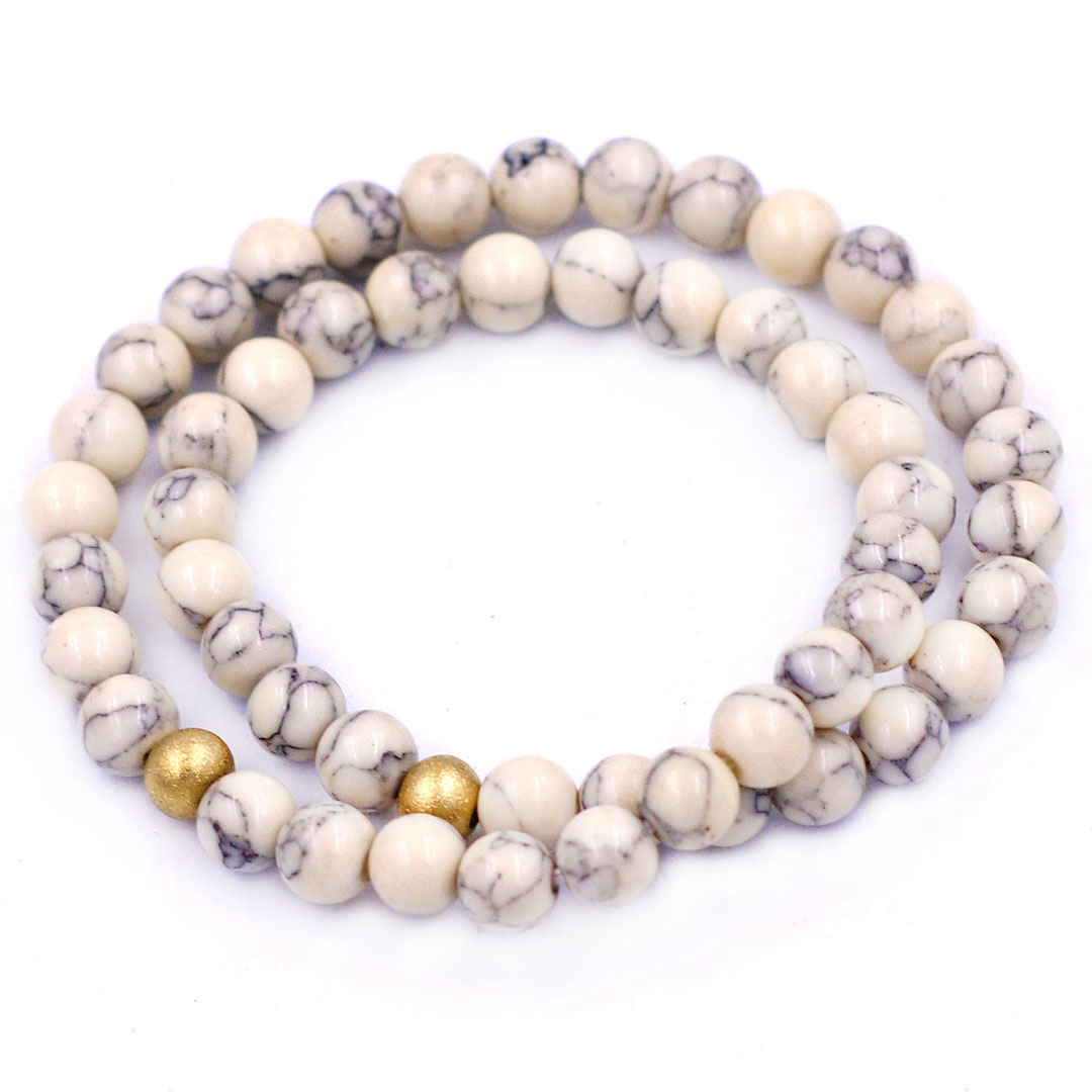 Vòng tay chuỗi đôi đá howlite 6 ly charm bi inox vàng, vòng chuỗi niệm Phật, vòng chuỗi đeo tay