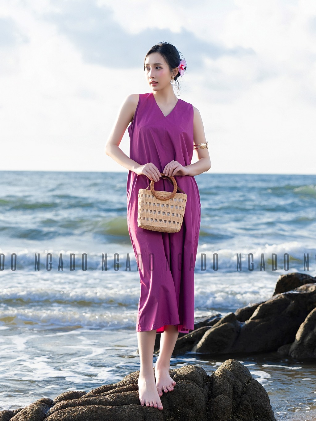 Đầm tím cổ tim NGADO , đầm nữ , Đầm suông , Đầm thiết kế