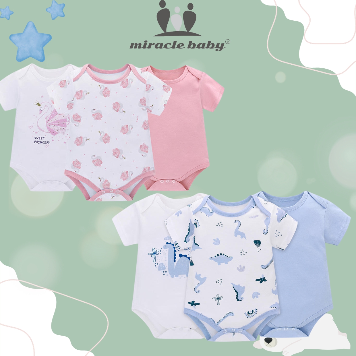 Jumpsuit/Bodysuit ngắn Miraclebaby chất liệu 100% cotton mềm mại thoáng mát cho bé trai , bé gái (Từ 0-12 tháng)