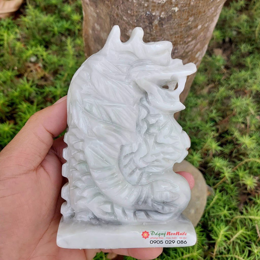 Tượng rồng đá tuổi thìn 12 con giáp phong thủy đá trắng xanh 12cm đá Non Nước