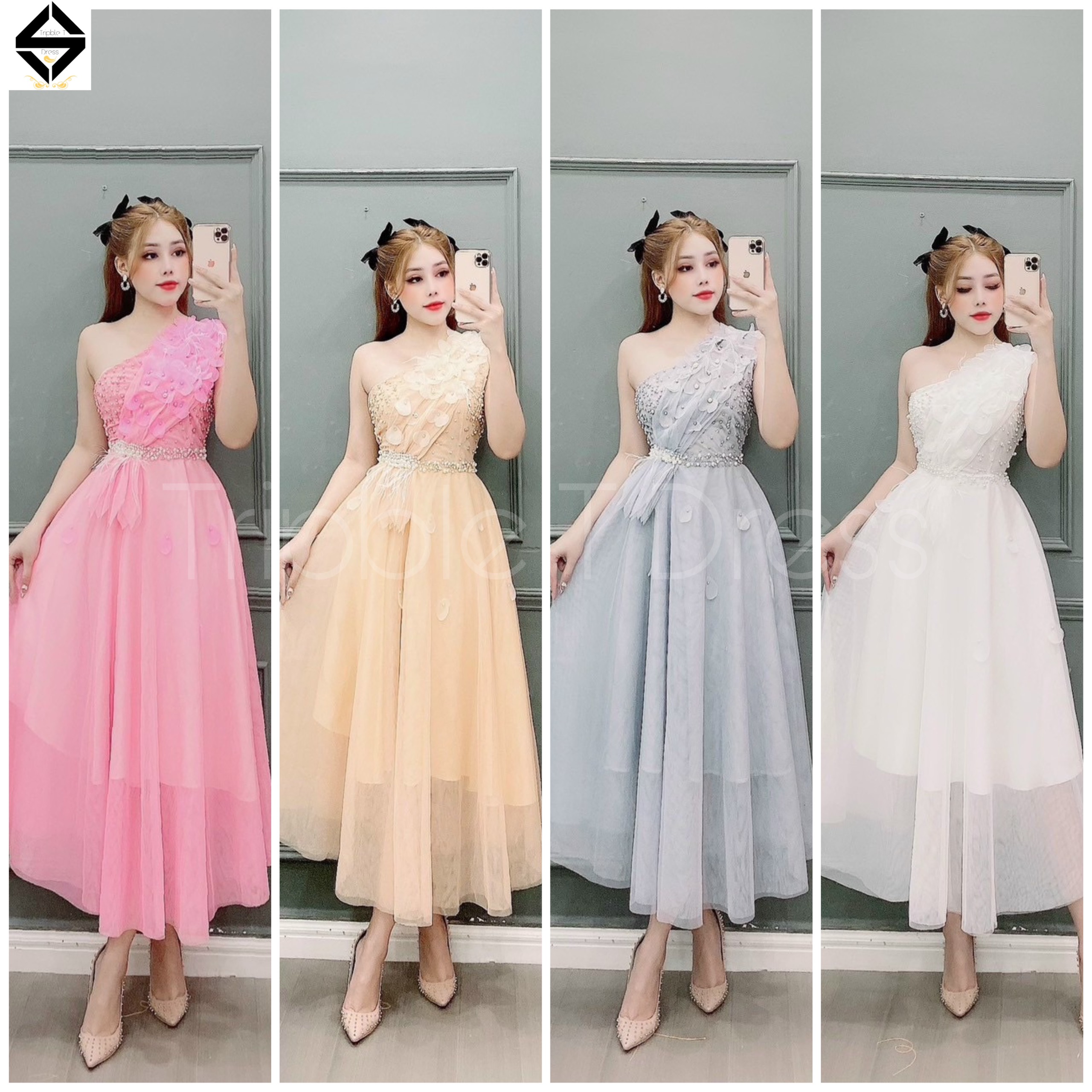 Đầm xoè dự tiệc lệch vai kết hoa nổi và cườm TRIPBLE T DRESS - size M/L - MS149V