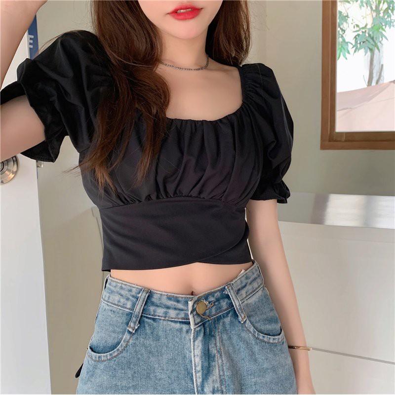 ÁO TIỂU THƯ NỮ TAY PHỒNG CỔ U ÁO CROPTOP HÀNG QUẢNG CHÂU PHONG CÁCH HÀN QUỐC