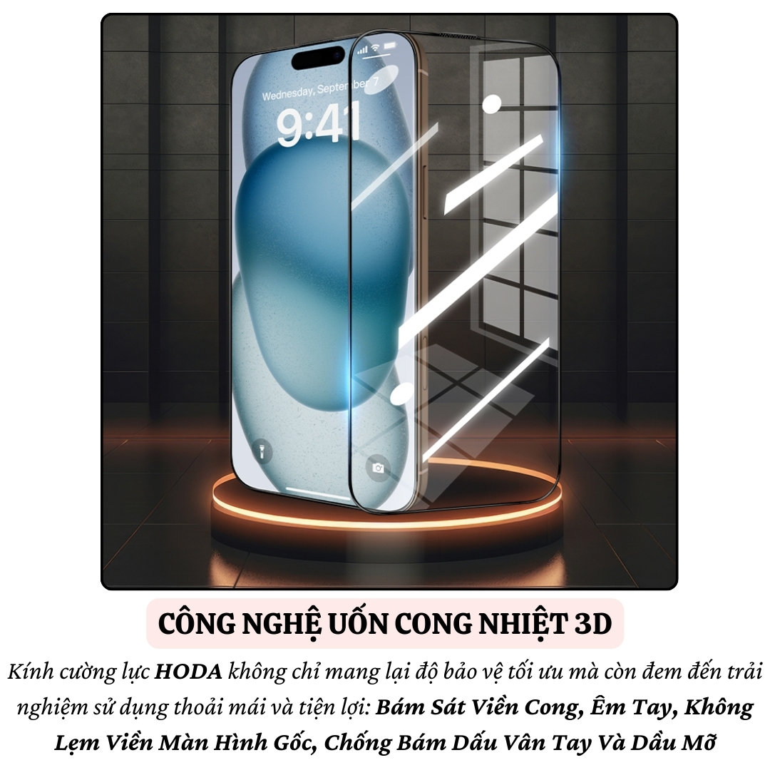 Kính cường lực viền siêu mỏng hiệu Hoda Curved 3D cho iPhone 16 Pro Max iP 15 Pro Max 16 Plus 15 Plus -Không lẹm viền, Phủ Nano, vát cạnh 3D, độ cứng 9H - Hàng nhập khẩu