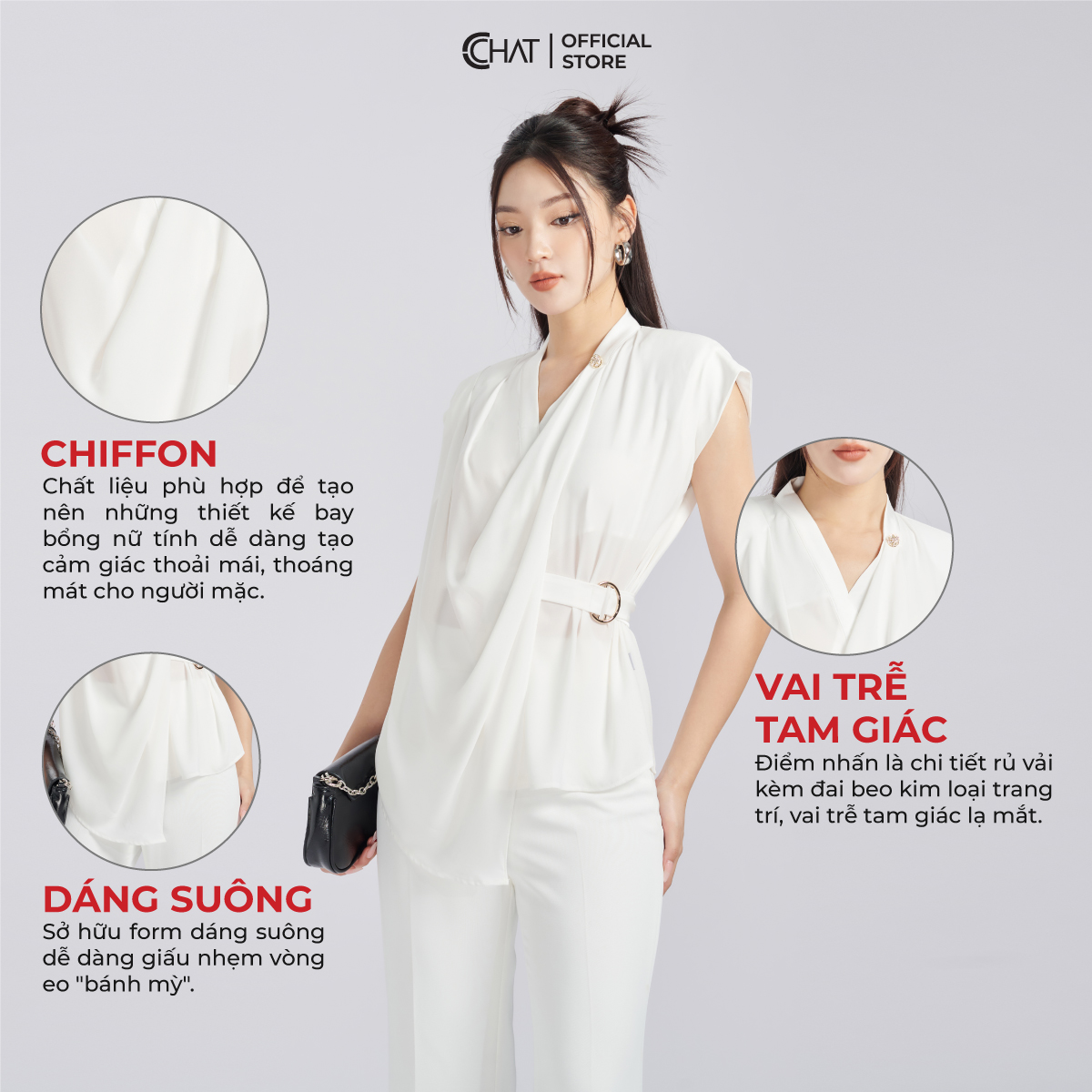 Áo Kiểu Nữ Dáng Suông Phối Đai Nẹp Kim Loại Trang Trí 53ANV8010ST