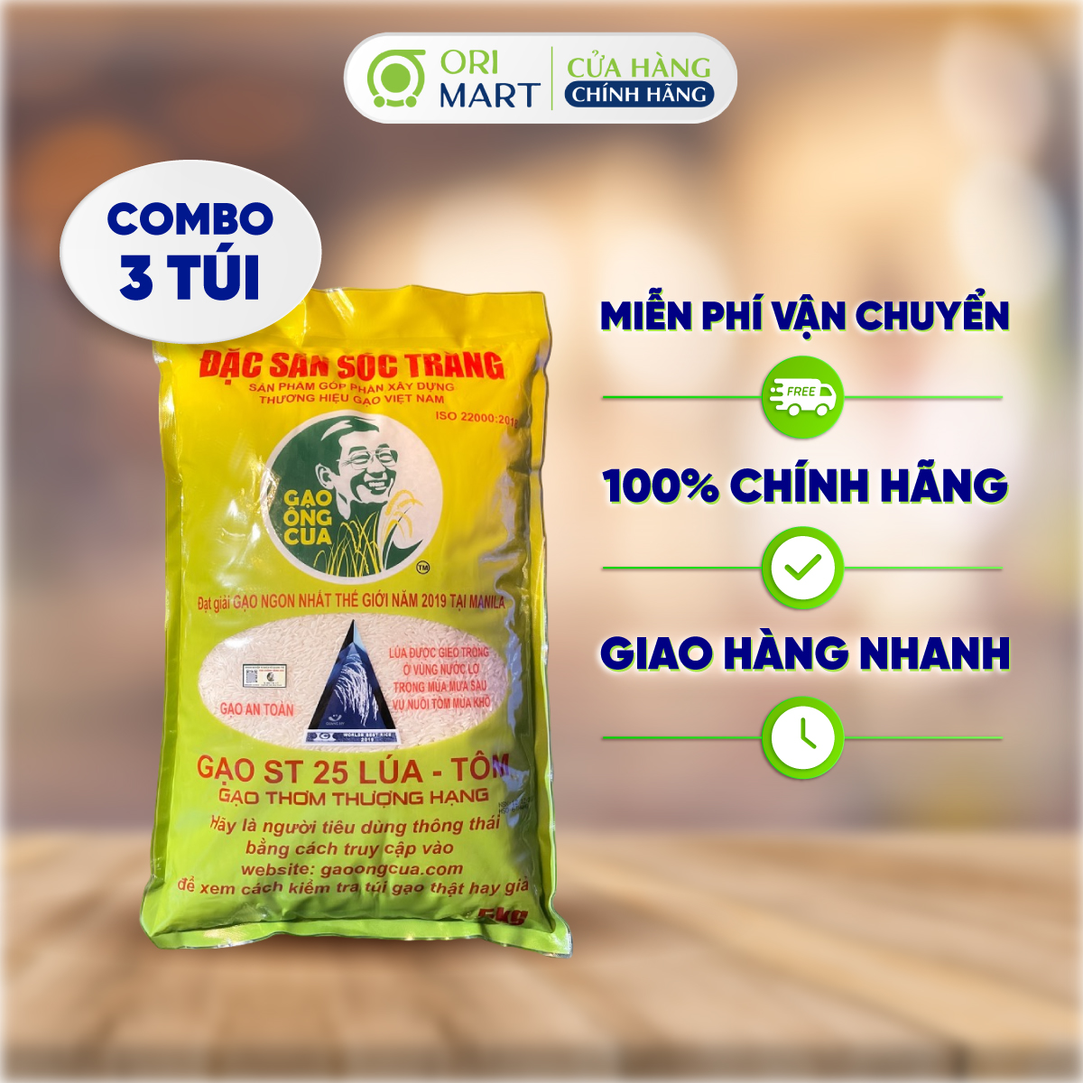 COMBO 3 Gạo ST25 ÔNG CUA Lúa Tôm Thượng Hạng Hương Cốm Thơm Ngon Mềm Dẻo Đạt Chuẩn Chất Lượng Gói 5kg