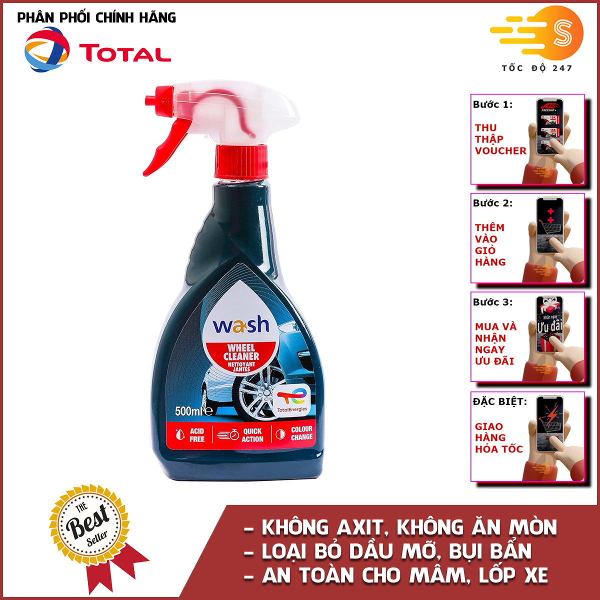 Chai xịt vệ sinh vành xe, mâm xe, hợp kim và vành thép má phanh Total Energies TE-WC500 500ml - làm sạch bụi bẩn, loại bỏ rỉ sét, bột sắt, bột phanh, không ăn mòn