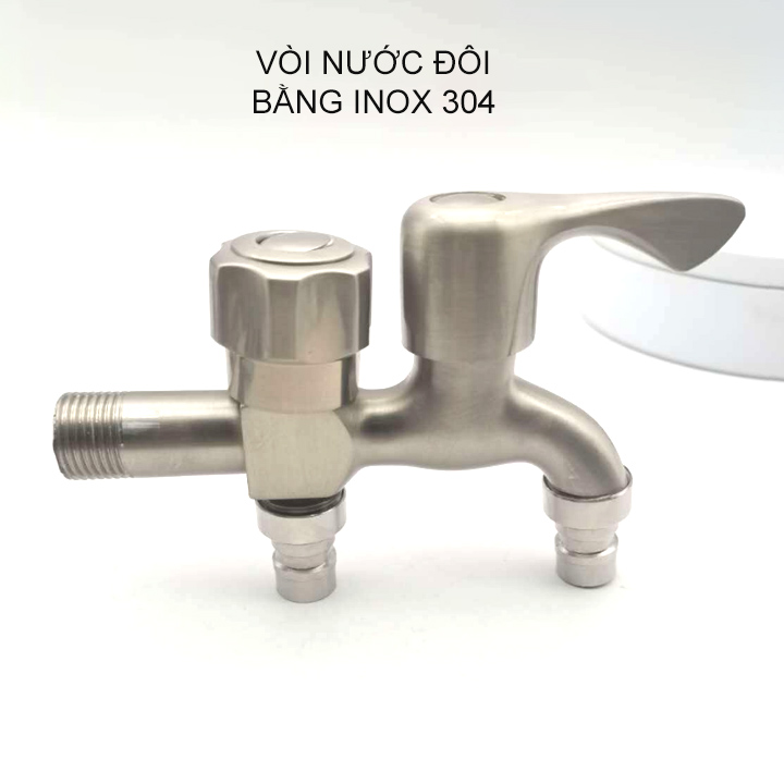 Vòi nước đôi inox 304 gắn tường, 01 đầu vào 2 đầu ra (kích thước đầu vào DN15 lắp cho ống D21)