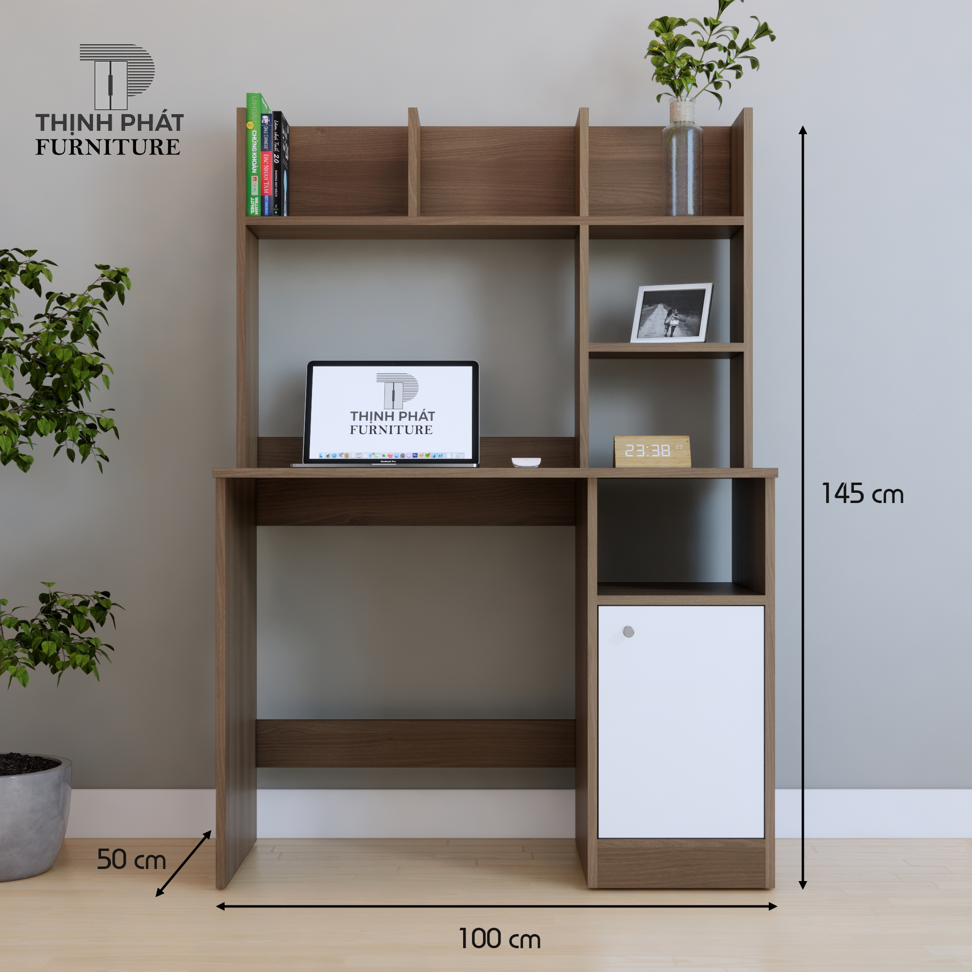 BÀN LÀM VIỆC – BÀN HỌC KÈM GIÁ SÁCH THỊNH PHÁT FURNITURE BLV-TP08 (100cm x 145cm x 50cm)