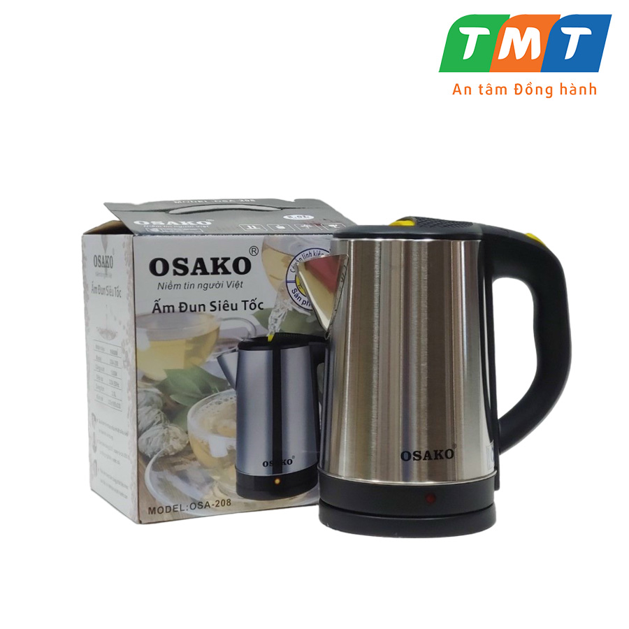 Ấm siêu tốc Inox 2L Osako OSA-208, bình điện đun nước pha sữa nhanh bảo hành 12 tháng toàn quốc