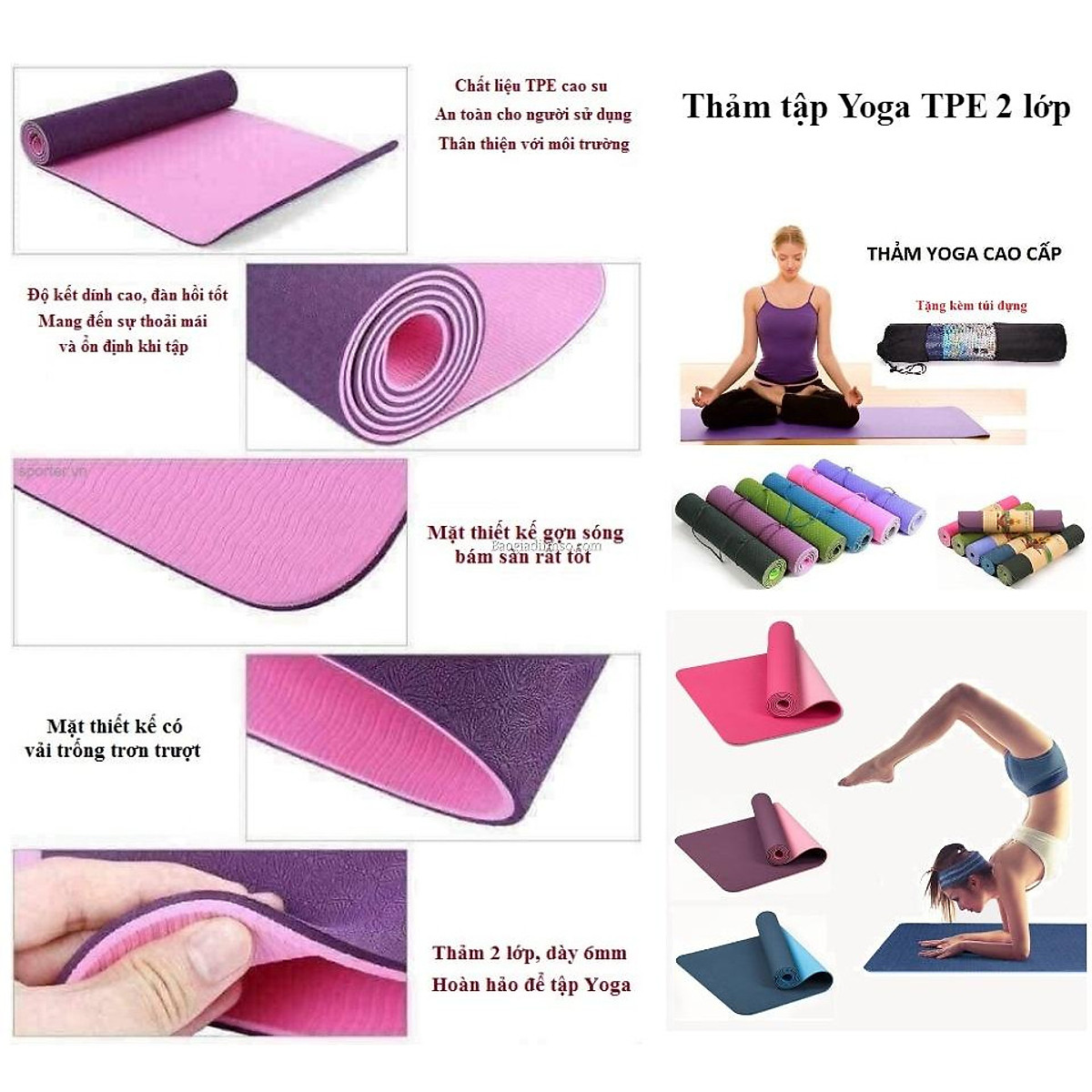 Thảm Tập Yoga TPE 2 Lớp Cao Cấp dày 6mm Tặng Kèm Túi