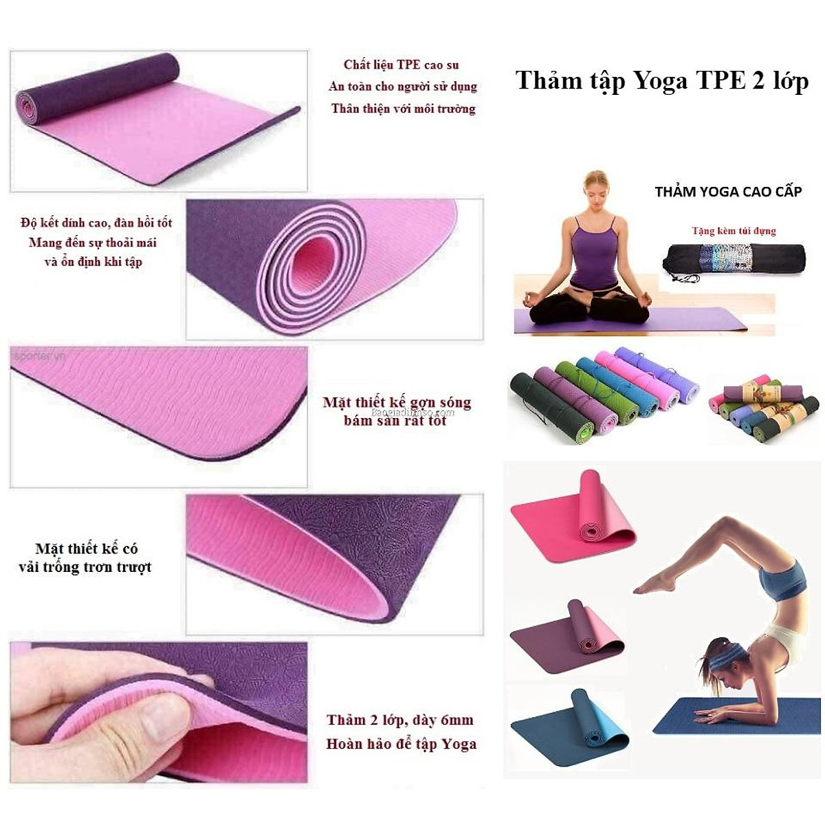 Thảm Tập Yoga 2 Lớp TPE 6mm Cao Cấp - Thảm Tập Gym và Yoga Chuyên Nghiệp QS - Giao ngẫu nhiên