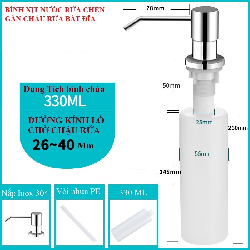 Bình đựng nước rửa chén gắn bồn rửa bát, bình đựng nước rửa tay gắn bồn rửa mặt đầu vòi Inox 304 cao cấp