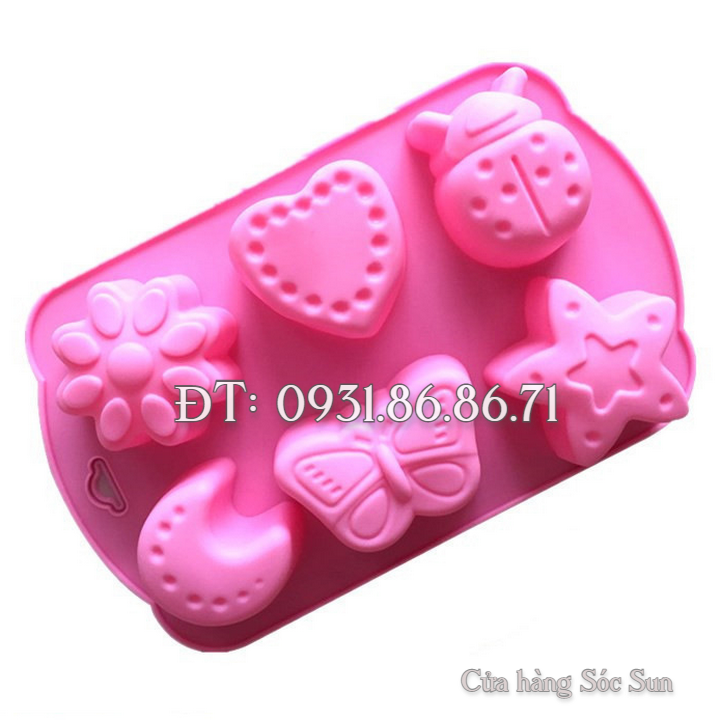 Khuôn silicon 6 hình trăng, sao, bươm bướm, cánh cam, trái tim – Mã số 1266