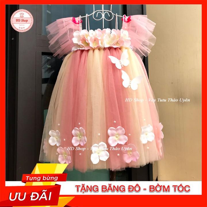Đầm bé gái ️FREESHIP️ Đầm công chúa cho bé gái canh tiên hồng cam phối kem tú cầu