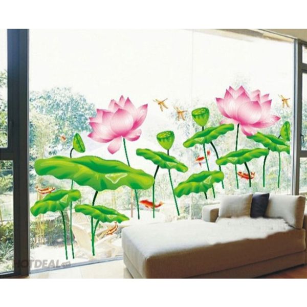 Decal dán tường phòng khách combo đôi hoa sen sang trọng PK207