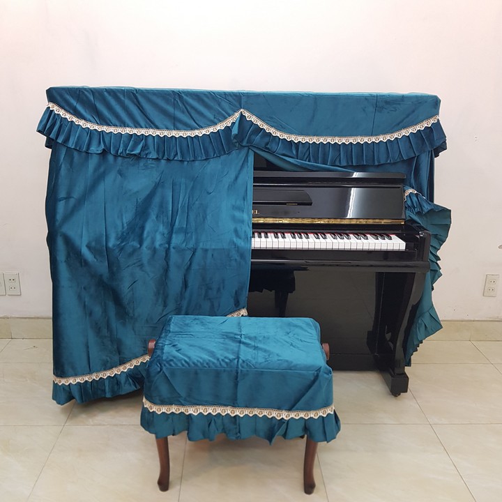 Bộ khăn phủ đàn Piano vải nhung xanh dày mịn phối bèo viền ren cao cấp