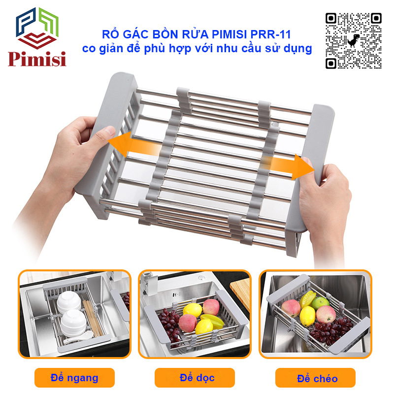 Kệ Inox Gác Bồn Rửa Chén Pimisi PRR-11 Với Tay Cầm Bằng Nhựa Và Khay Inox 304 Thiết Kế Hình Chữ Nhật, Góc Vuông Được Bo Tròn Và Rổ Kéo Điều Chỉnh Độ Dài Co Giản Để Úp Bát Đĩa - Rau Củ Quả Phù Hợp Với Nhiều Chậu Rửa Bát Trong Nhà Bếp | Hàng Chính Hãng