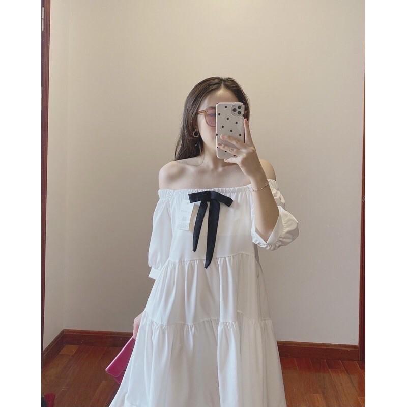 Váy Babydoll Công Chúa Nơ Ngực Siêu Xinh Đầm Trắng Nữ Tay Ngắn Cổ Rộng Nơ Đen