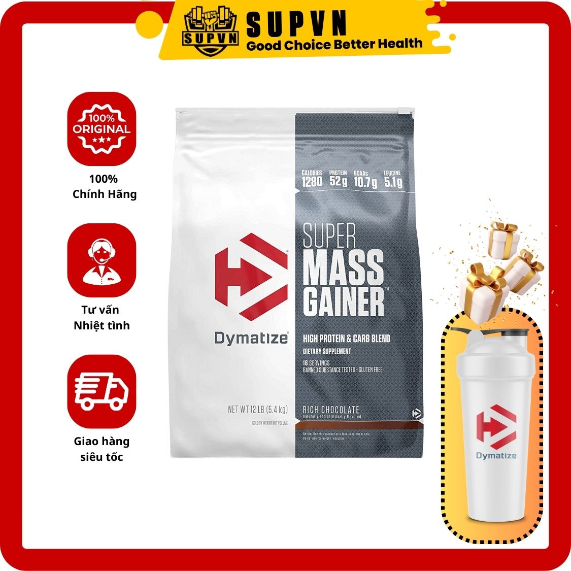 Super Mass Gainer 12lbs  + Quà Tặng Sữa Hỗ Trợ Tăng Cân - Tăng Cơ Chính Hãng Dymatize