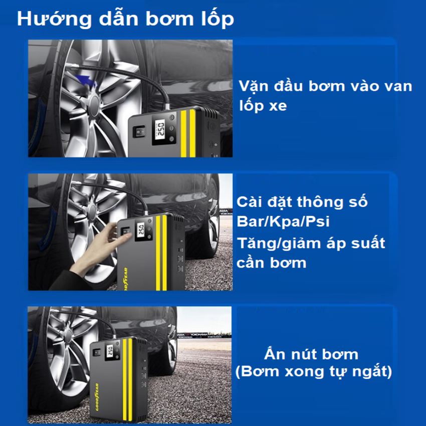 Chia sẻ: Bộ kích bình kiêm bơm lốp ô tô và sạc dự phòng Goodyear cao cấp GY-5296