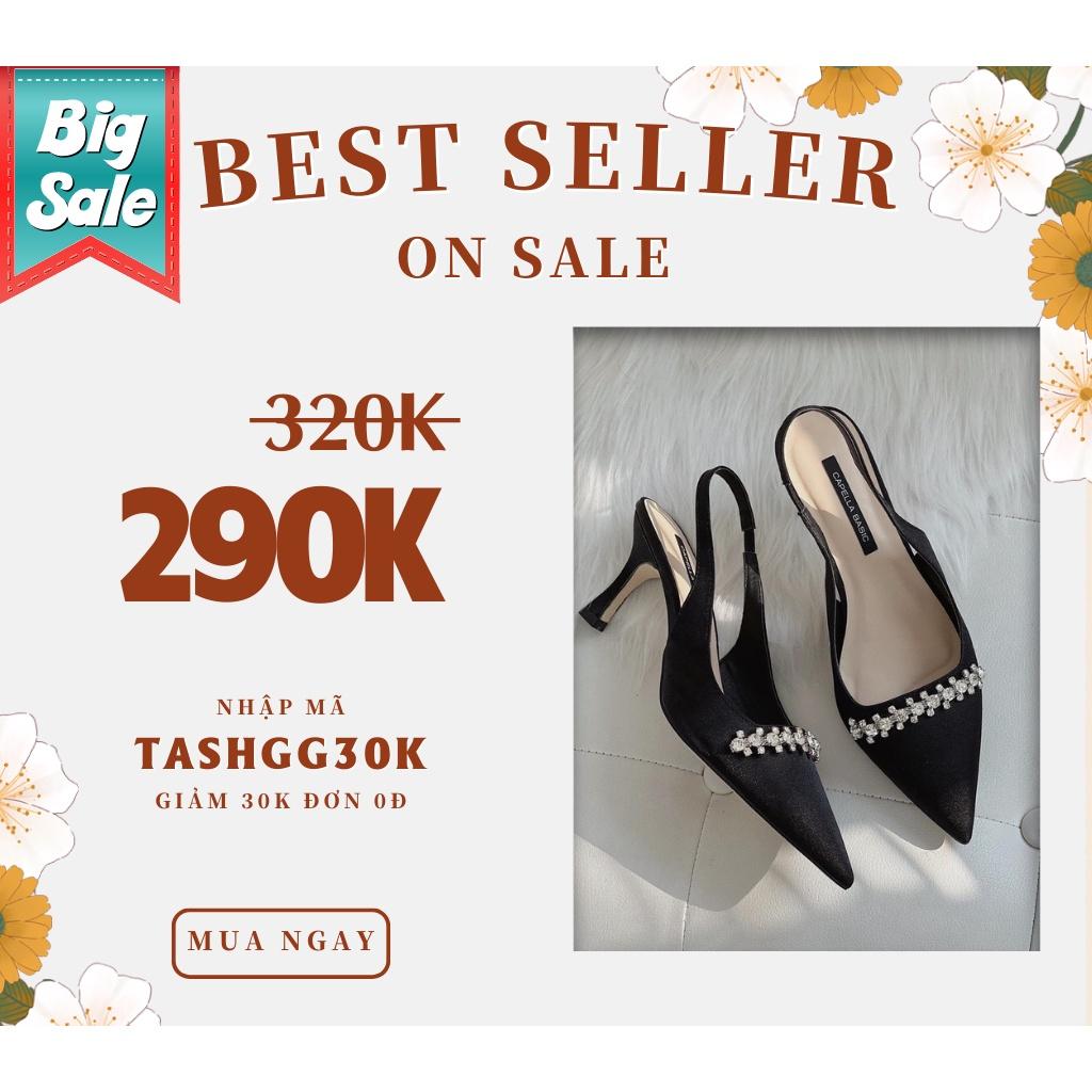 Giày cao gót nữ đính Đá mũi nhọn 7cm đen trắng, sandal tiệc cưới nổi bật slingback siêu sang