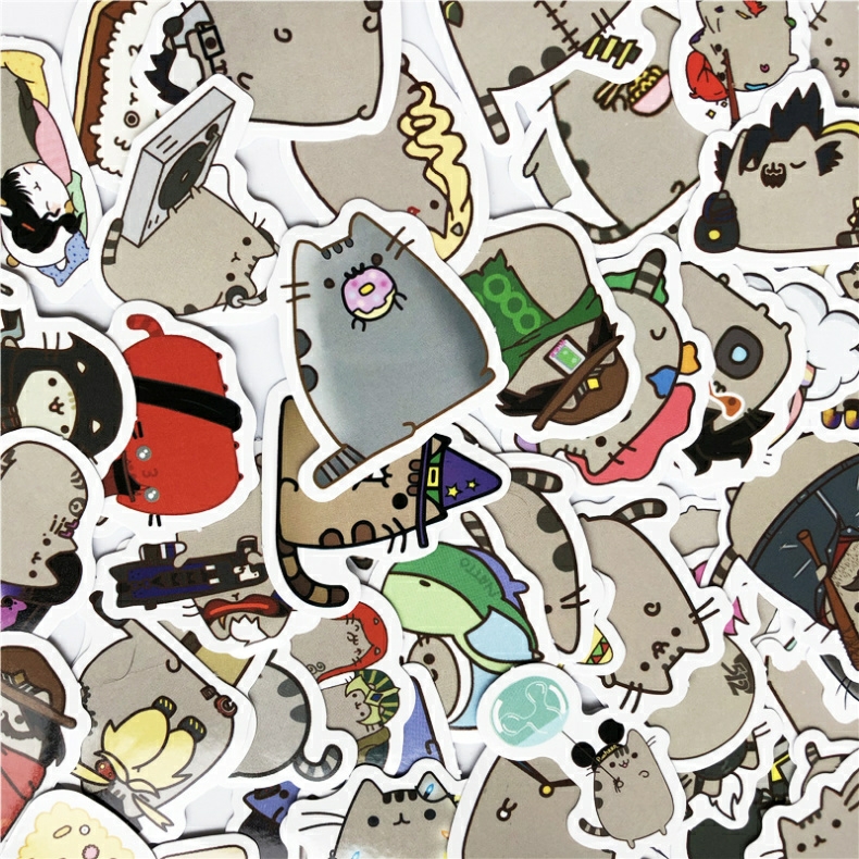 Bộ sticker mèo xám pusheen đáng yêu chống thấm nước trang trí mũ bảo hiểm, đàn, guitar, ukulele, điện thoại laptop