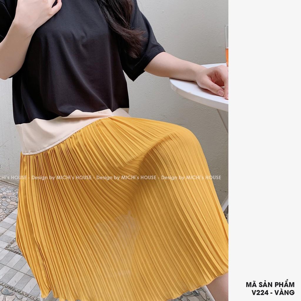 Váy thun suông phối màu, chất cotton, chân xếp ly, đầm xuông rộng freesize, đủ màu, mã V224 - Michi's House