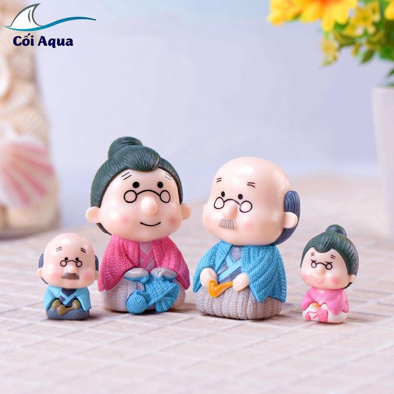 Tiểu cảnh Terrarium ️ Cặp đôi ông bà già đeo kính ngồi tiểu cảnh trang trí sen đá, sân vườn, bể cá, bể terrarium