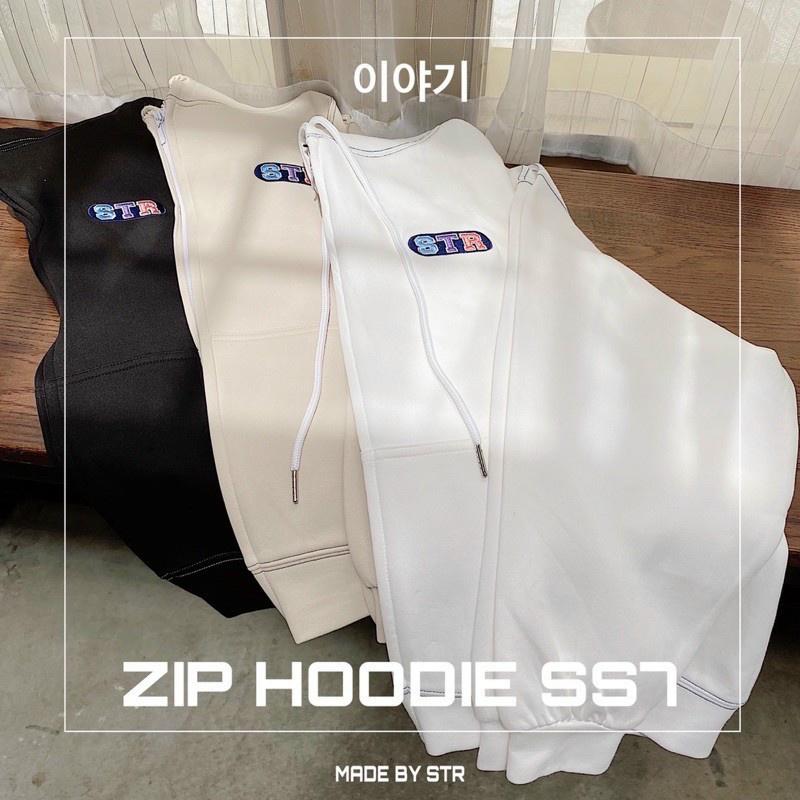 Áo khoác nỉ nam nữ STR hoodie full zip đen trắng kem form rộng bo gấu tay phồng hàn quốc áo khoác ulzzang