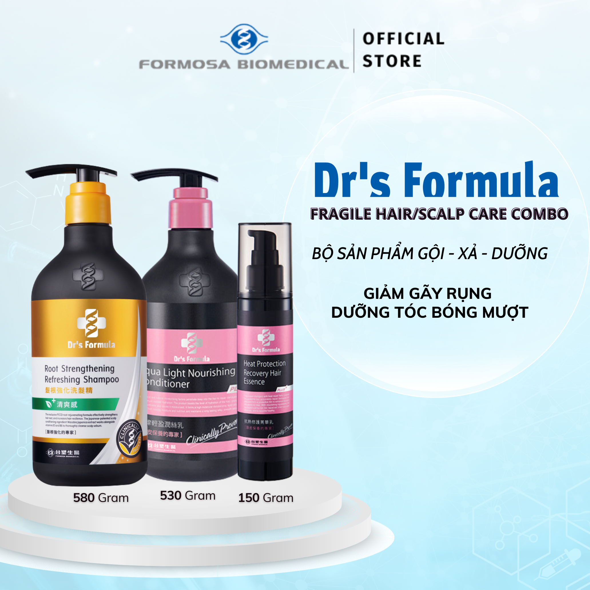 Combo Gội-Xả-Dưỡng chăm sóc tóc/da đầu giảm gãy rụng dưỡng tóc bóng mượt Dr's Formula