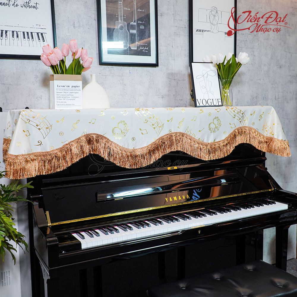 Khăn Phủ Đàn Piano Nền Trắng, Họa Tiết Nốt Nhạc KU-027