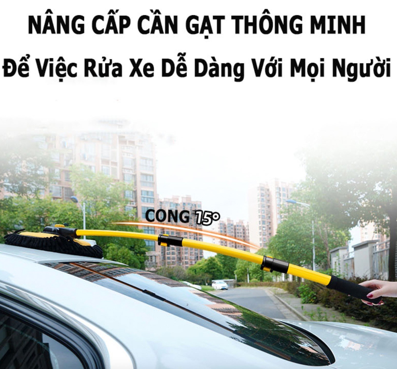 Chổi Lau Rửa Vệ Sinh Xe Ô Tô - Sợi Mềm, Cán Điều Chỉnh Được Độ Dài, Cong Tiện Lợi