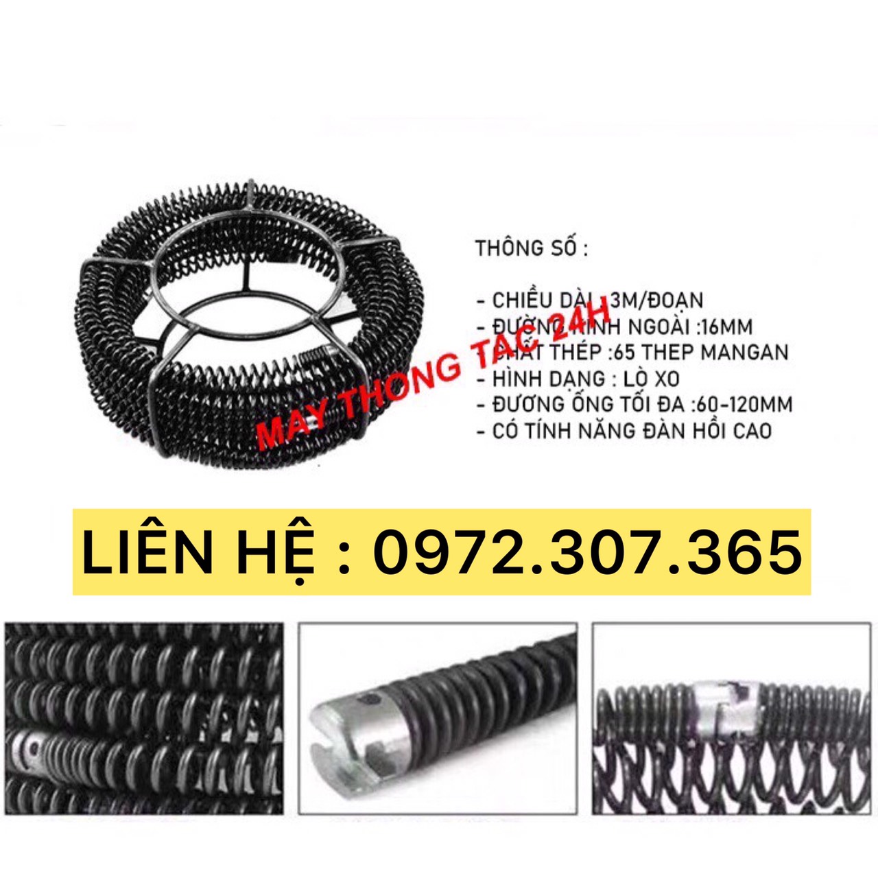 Dây thông tắc đường ống ,đường kinh 16mm dài 3m dùng cho máy khoan tặng kèm 6 đầu thông và 1 đầu kết nối