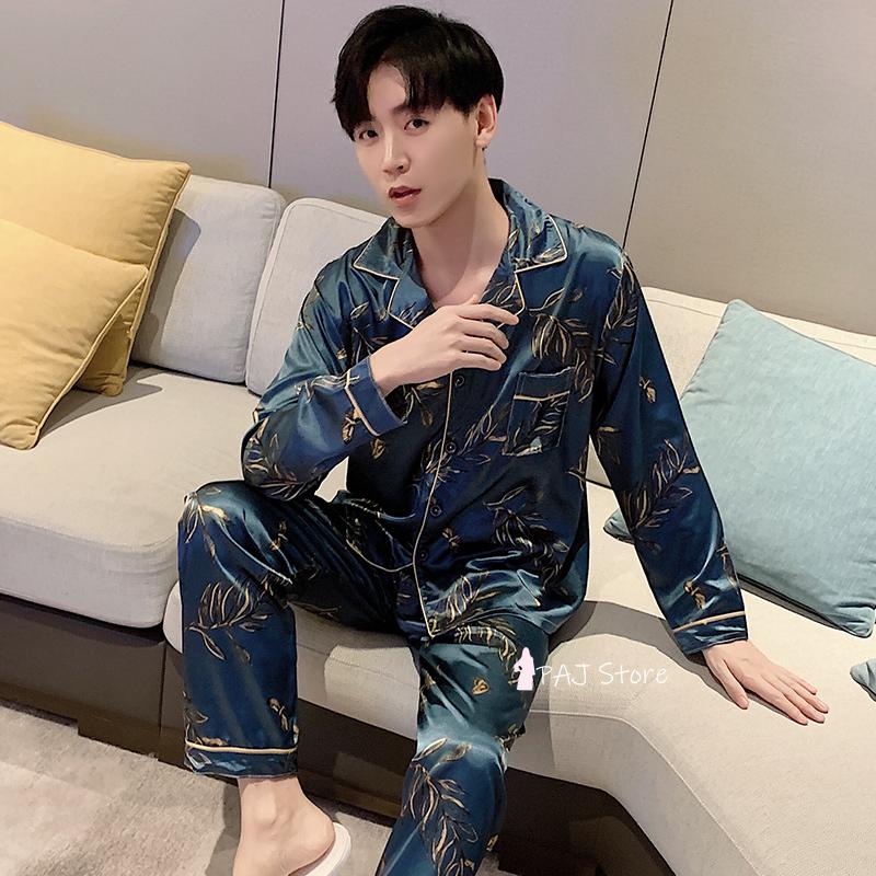 Bộ Đồ Ngủ Nam Dài Tay 4XL 5XL Satin LỤA Đen Bộ Đồ Ngủ Set 2021 Mới Nhà Thu Pijamas Phòng Chờ Khi Mặc áo Váy Ngủ