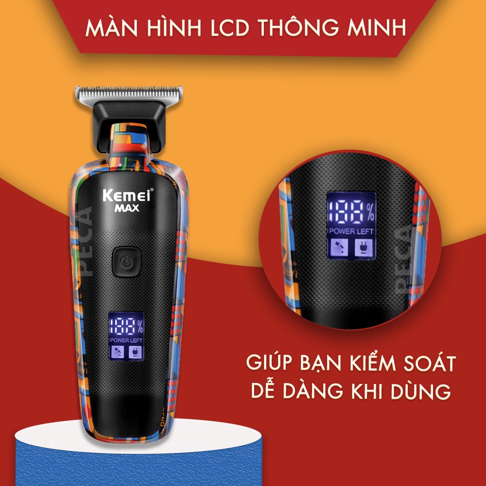 Tông đơ chấn viền cao cấp Kemei KM-MAX5090 phiên bản trend màn hình LCD hiển thị sạc nhanh USB có thể cắt tóc, cạo đầu, fade trắng chân tóc, bấm viền