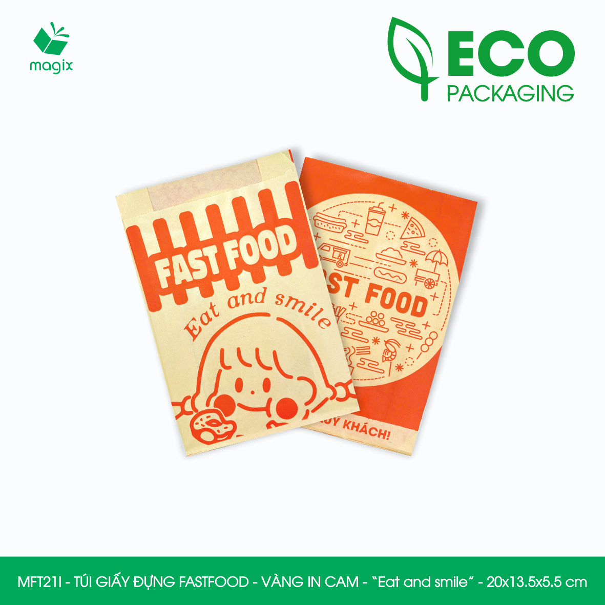 MFT21I - 20x13.5x5.5 cm - 100 Túi giấy Kraft đựng fastfood, túi đựng thực phẩm