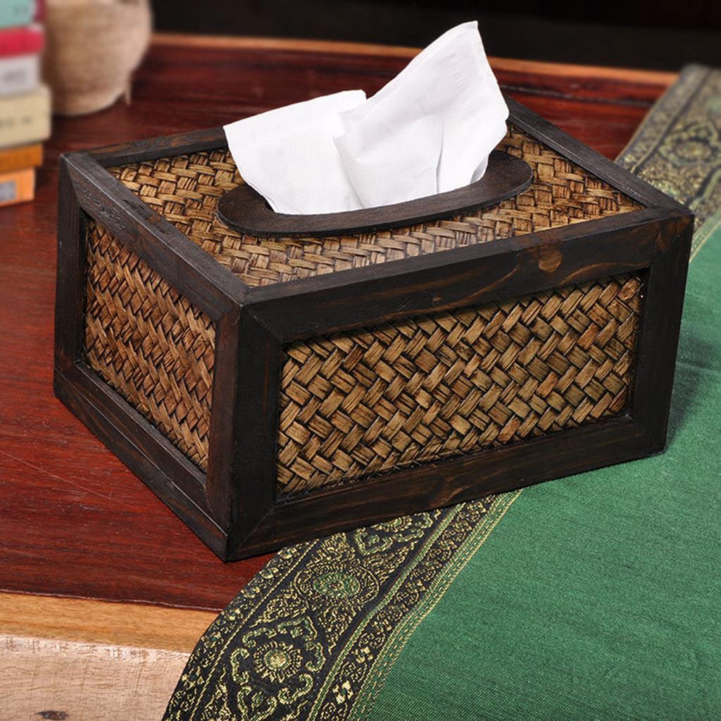 Bamboo Wood Rectangular Facial Tissue Box Cover Holder Home Office Car