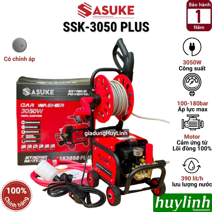 Máy xịt rửa xe Chỉnh Áp Sasuke SSK-3050 Plus - 3050W - Có chống giật - Motor lõi đồng 100% Có rulo cuộn dây - Hàng chính hãng
