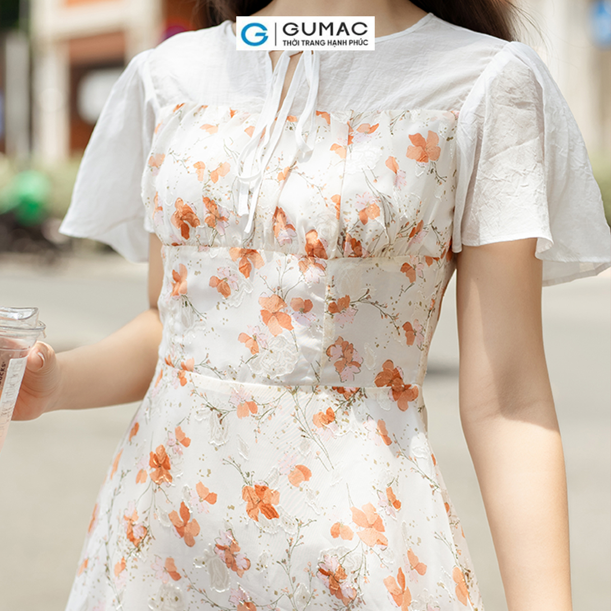 Đầm hoa phối vải tơ sang trọng nữ tính thanh lịch thời trang GUMAC DD06062